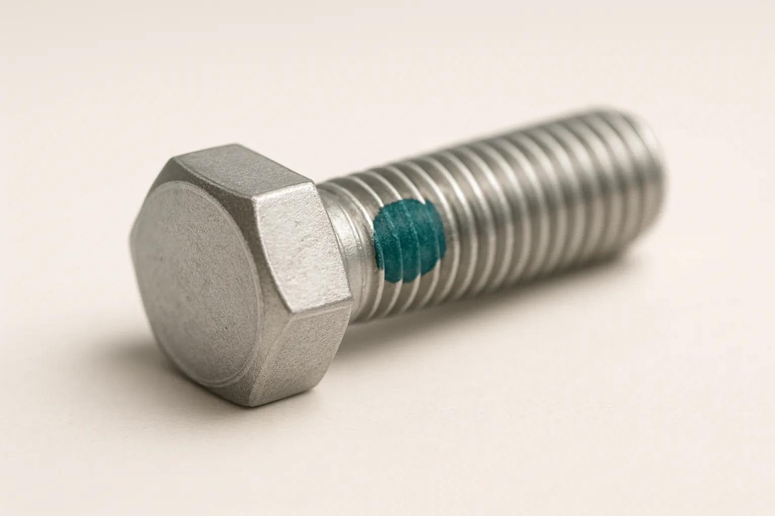 Bolt with teal nylon locking patch on the threads