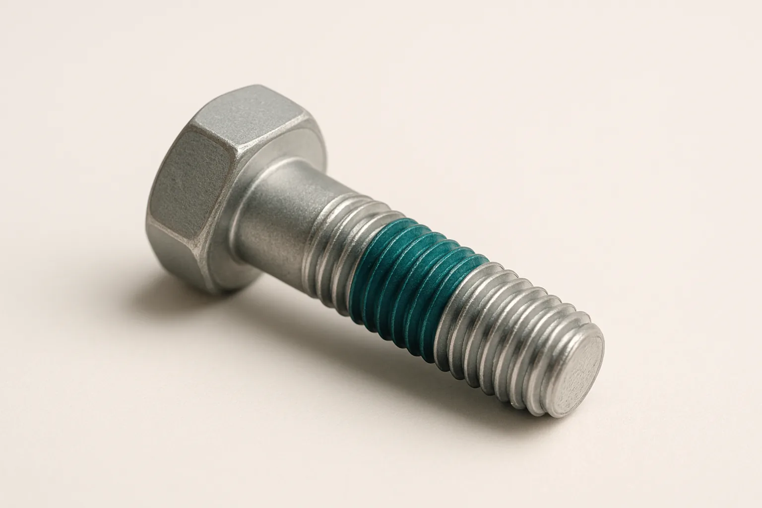 Steel hex bolt with a pre-applied teal threadlocker band on its threads