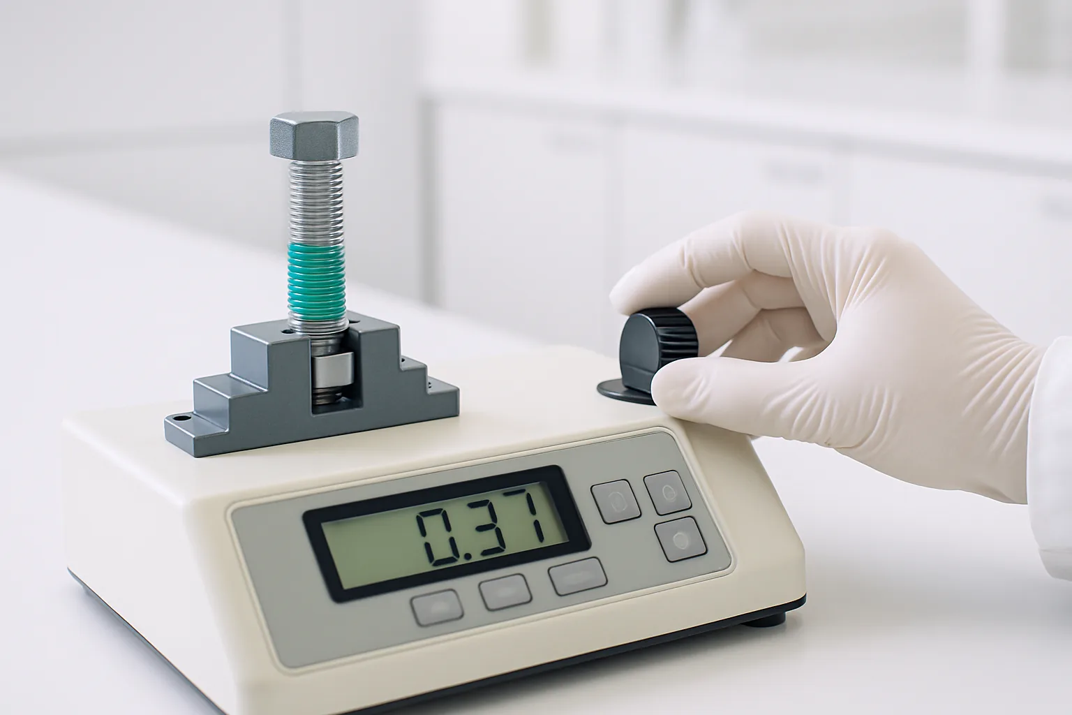 Digital torque testing station measuring a coated bolt